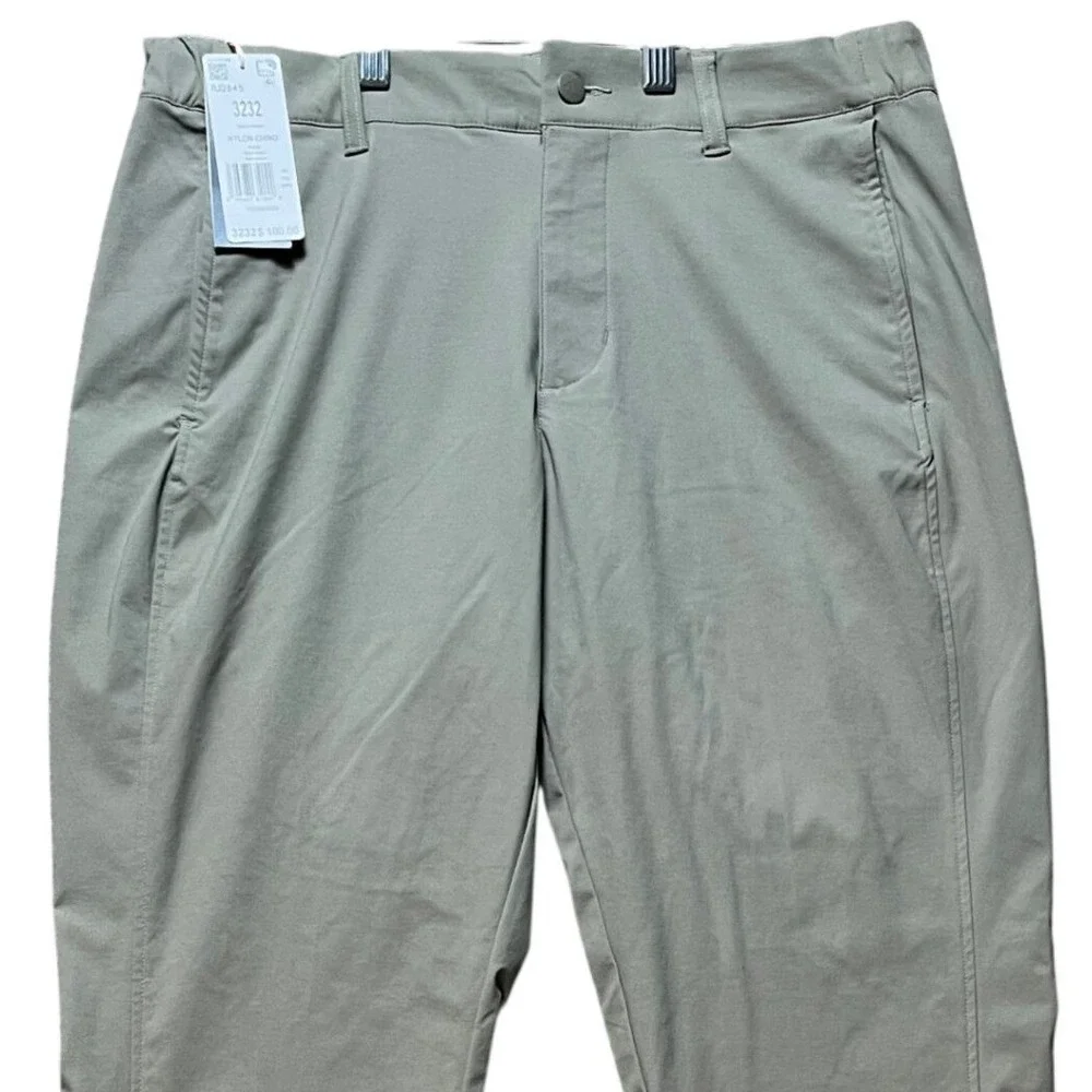 Adidas Nylon Chino Pants Mens 32x32 Olive Green Flat Front Golf 3 Stripes NEW